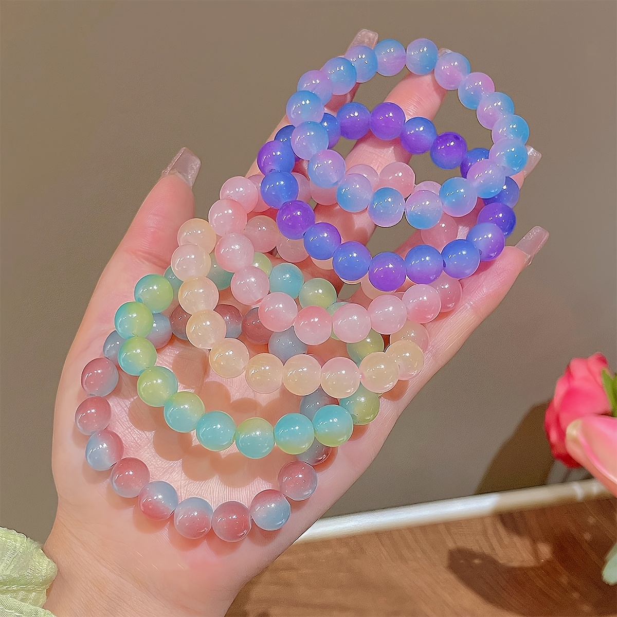 3pcs Pastel Glass Beaded Bracelets Bohemian Style Elastic & Colorful Gift